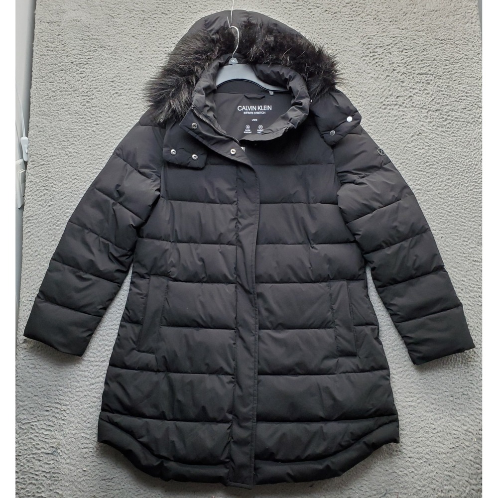 Calvin Klein Infinite Puffer Jacket Womens L Black Waterproof Faux Fur Hooded
